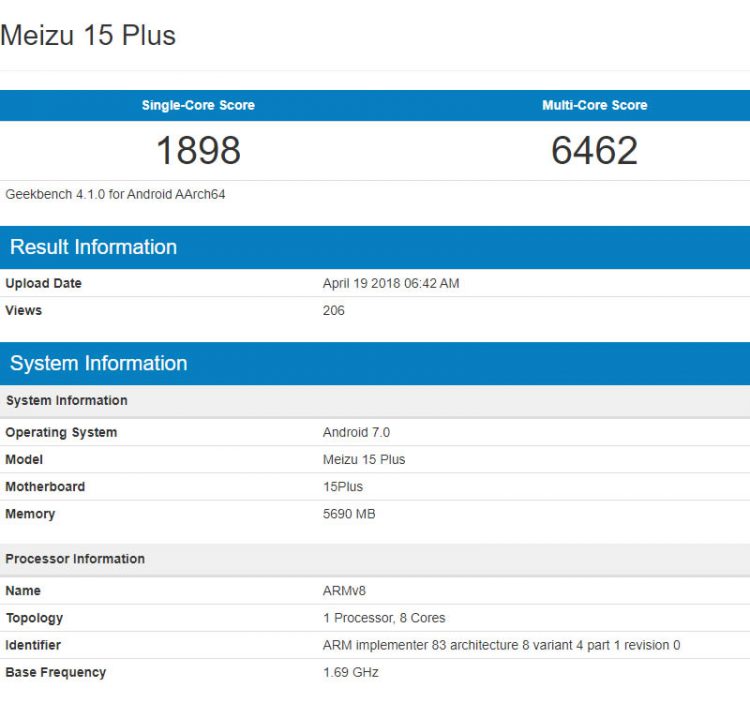 เผยสเปก Meizu 15 Plus จากแอพพลิเคชั่น Geekbench มาพร้อมแรม 6GB