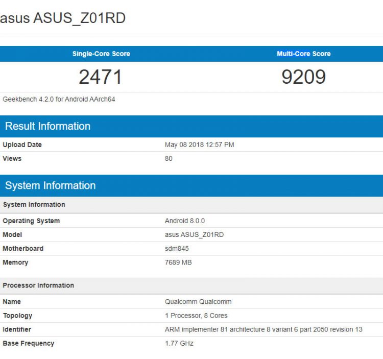 พบสมาร์ทโฟน Asus ZenFone โผล่ใน Geekbench ใช้รหัสรุ่น Z01RD มากับชิป Snapdragon 845 แรม 8GB