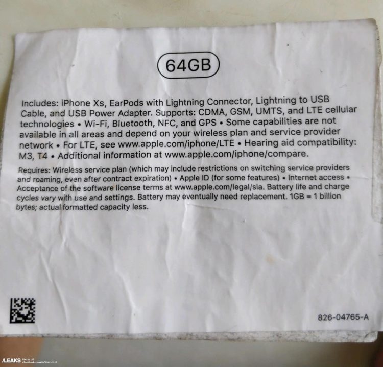 iPhone XS จะมีให้เลือก 2 รุ่น 64GB และ 256GB อ้างอิงจากสติกเกอร์หลังกล่อง