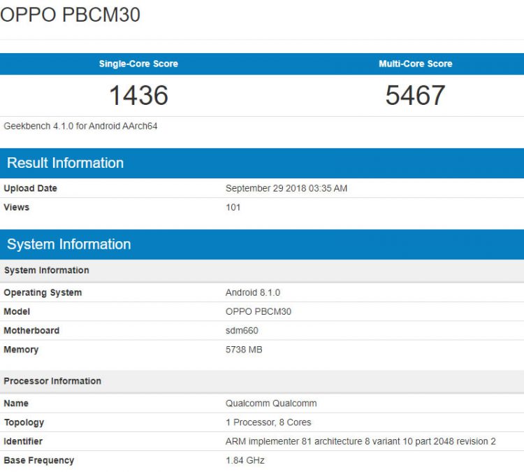 OPPO K1 ได้รับการทดสอบบนแอพ Geekbench ยืนยันใช้ชิป Snapdragon 660 แรม 6GB