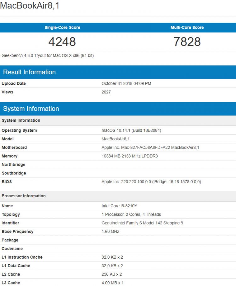 ผลทดสอบ MacBook Air 2018 จากแอพ Geekbench ยืนยันว่ามีประสิทธิภาพดีกว่ารุ่นก่อน รวมถึง MacBook 2017