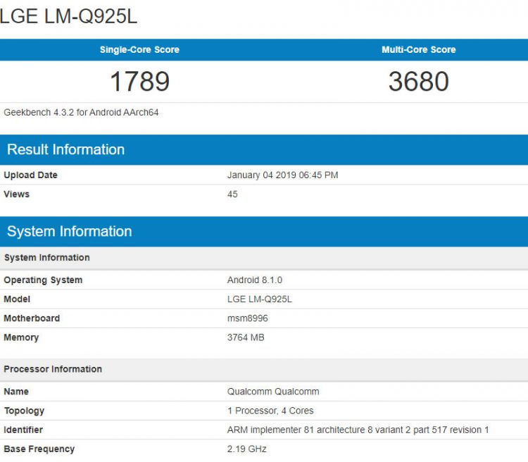LG Q9 ได้รับการทดสอบบนแอพพลิเคชั่น Geekbench ใช้ชิป Snapdragon 821 แรม 4GB