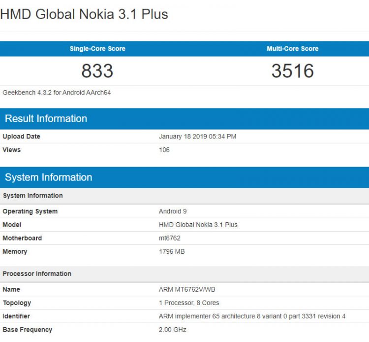 Nokia 3.1 Plus รันบน Android 9 Pie ได้รับการทดสอบแล้วบนแอพ Geekbench