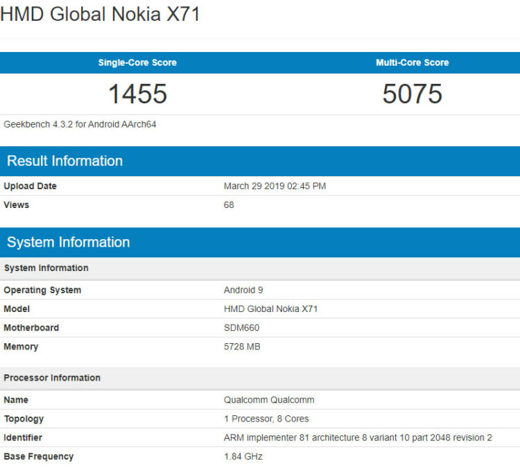 Nokia X71 ได้รับการทดสอบแล้วบนแอพ Geekbench มากับชิป Snapdragon 660 แรม 6GB