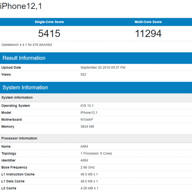 iPhone 11 หรือ iPhone XR เวอร์ชั่น 2019 ได้รับการทดสอบบนแอพ Geekbench ยืนยันมากับแรม 4GB