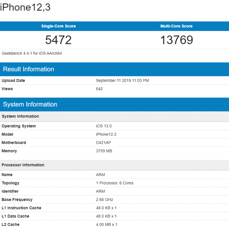 iPhone 11 Pro มาพร้อมแรม 4GB อ้างอิงจากผลทดสอบบนแอพพลิเคชั่น Geekbench