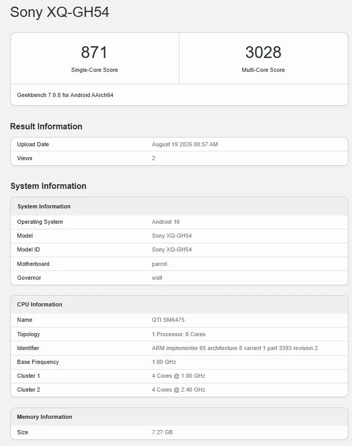 Sony Xperia 10 VIII จะใช้ชิป Snapdragon 6 Gen 3 อ้างอิงจากแอป Geekbench