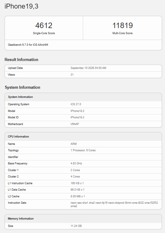 ผลทดสอบ iPhone 18 Pro และ Pro Max จากแอป Geekbench มีประสิทธิภาพเพิ่มขึ้น 21-23%