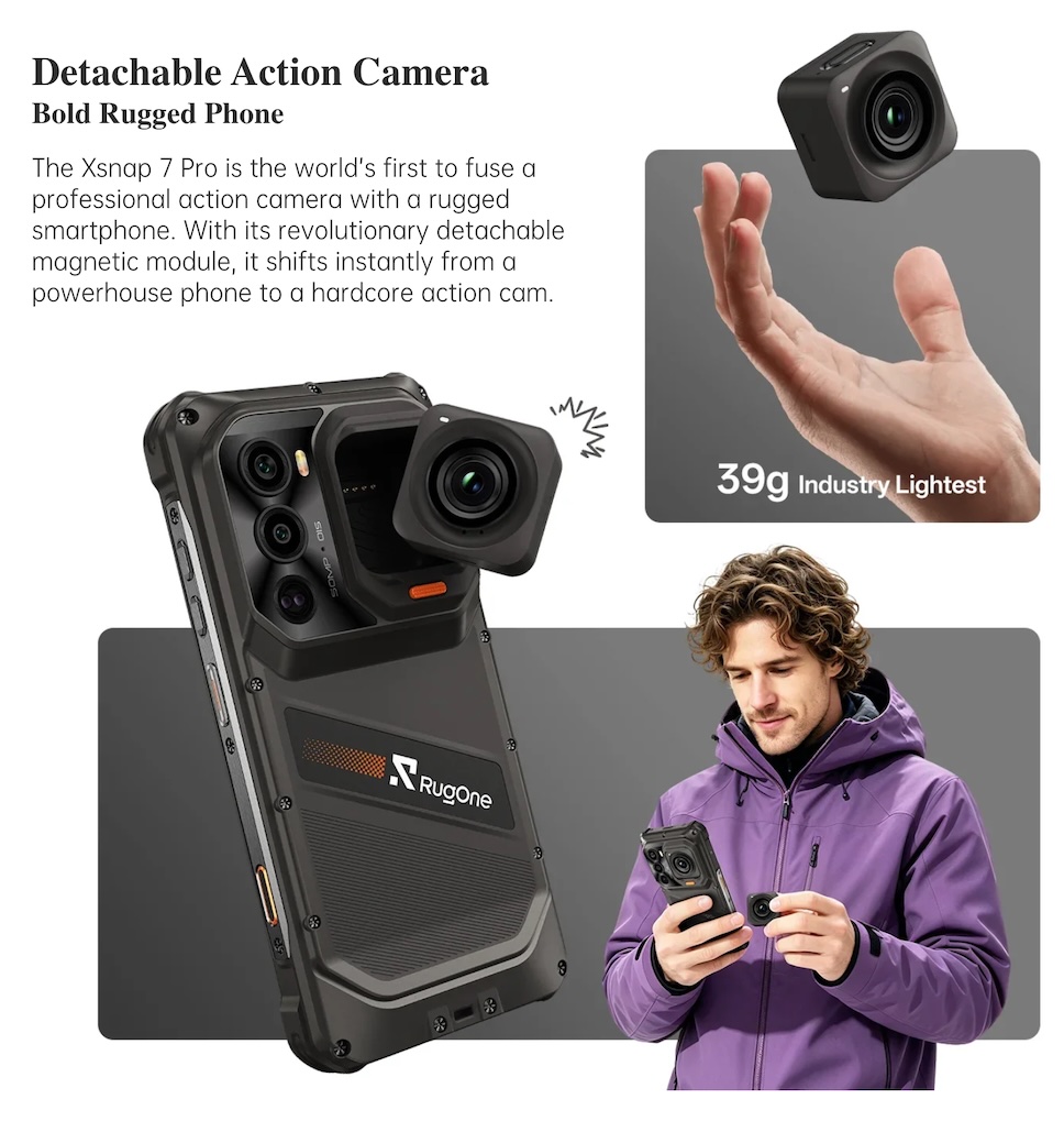 RugOne Xsnap 7 Pro สมาร์ตโฟนสุดแกร่ง มาพร้อมกล้อง Action Cam แบบถอดแยกได้