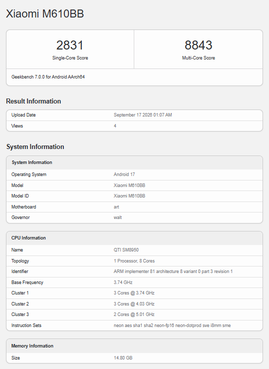 Xiaomi 18 Pro Max ได้รับการทดสอบประสิทธิภาพแล้ว ผ่านแอป Geekbench