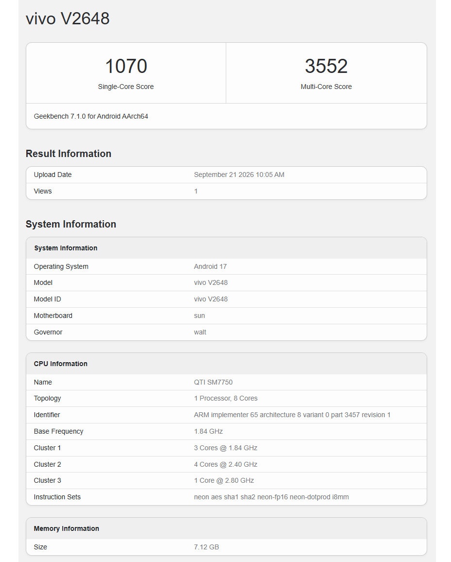 vivo V80 โผล่ทดสอบในแอป Geekbench ใช้ชิป Snapdragon 7 Gen 4