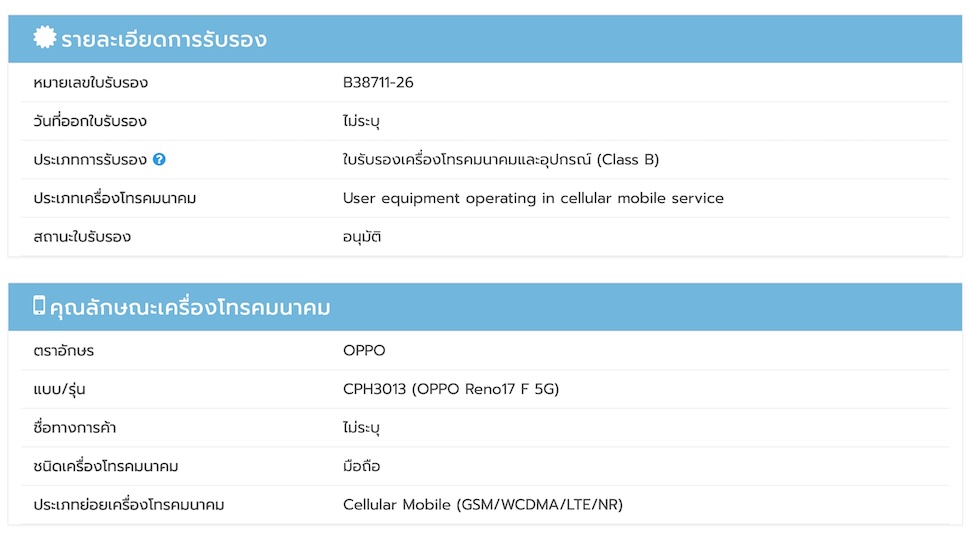 OPPO Reno17 F 5G ผ่านการรับรองแล้วจาก กสทช.