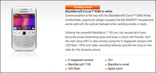Orange UK เตรียมวางจำหน่าย BlackBerry Curve 9360 สีขาวเร็วๆนี้