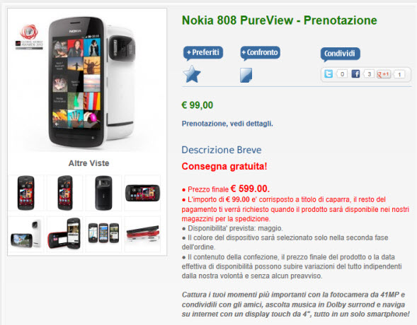ลูกค้าชาวอิตาเลี่ยนมีเฮเมื่อ Nokia ในประเทศอิตาลีเริ่มเปิดจอง Nokia 808 PureView แล้ววันนี้