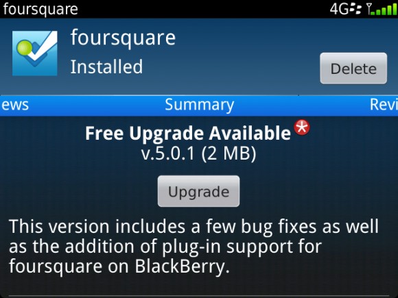 Foursquare สำหรับ BlackBerry อัพเดทเวอร์ชั่น 5.0.5 แก้ไขบั้กอีกเล็กน้อย