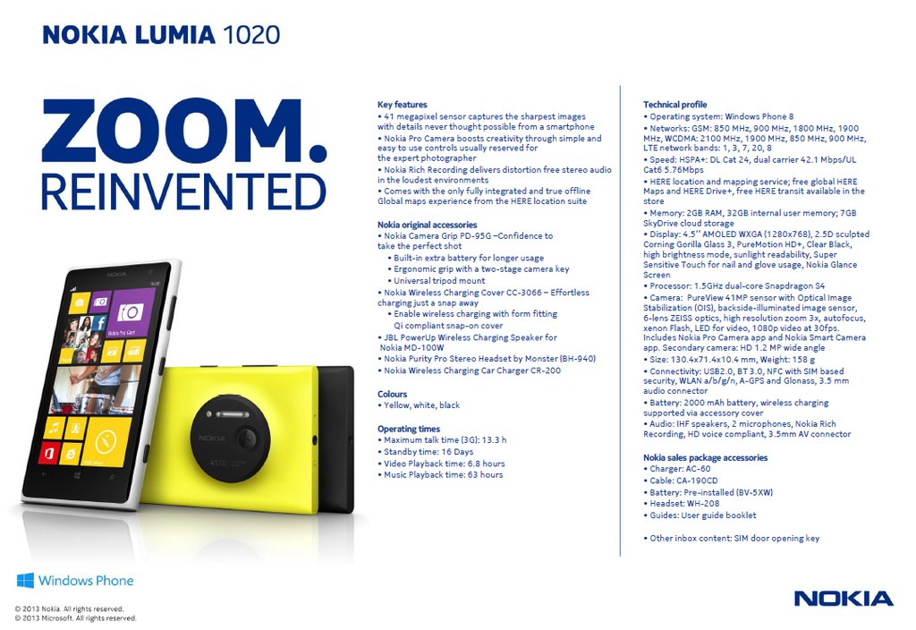 หลุดจาก Nokia !! สเป็คทางการของ Nokia Lumia 1020 แบบ PDF