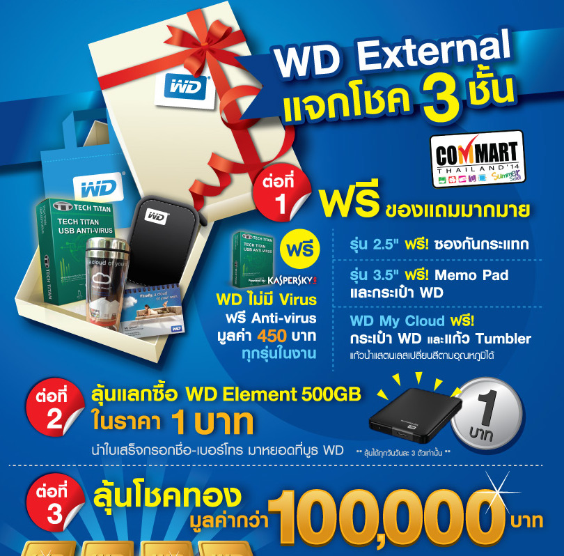 WD แจกโชค 3 ชั้น ลดกระหน่ำ พร้อมแจกทองในงาน Commart Thailand Summer Sale 2014 แถมโปรแกรมแอนตี้ไวรัสฟรีทุกรุ่น