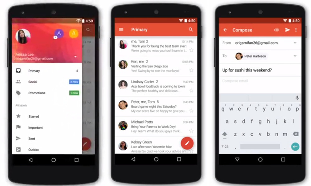 Gmail โฉมใหม่เวอร์ชั่น 5.0 บน Android รองรับอีเมลจาก Yahoo และ Outlook