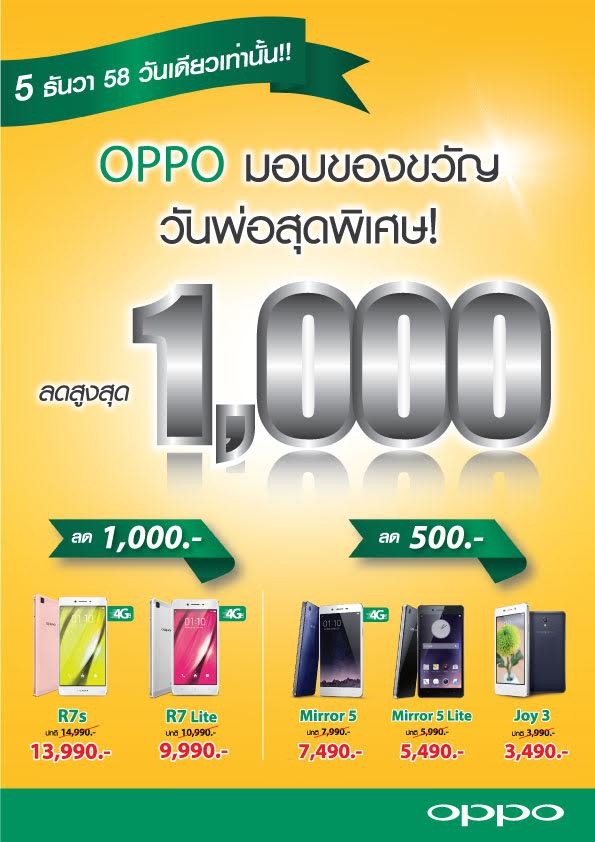 5 ธันวาคมวันเดียวเท่านั้น!! OPPO ลดราคาสมาร์ทโฟน 5 รุ่นดังอาทิ OPPO R7s ,R7 Lite
