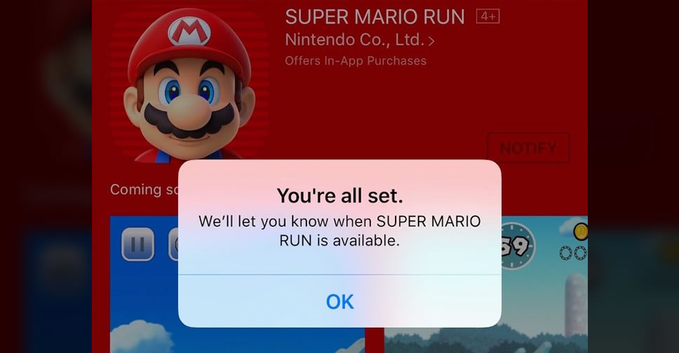 ระบบแจ้งเตือน App Store ทำงานช้า ผู้ใช้งานไม่ได้รับแจ้งจนกระทั่งติดตั้งเกม Super Mario Run มาเล่นแล้ว