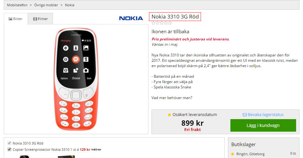 Nokia 3310 (2017) เวอร์ชั่น 3G โผล่บนร้านค้าออนไลน์ในสวีเดน ราคาสูงกว่า 2G เล็กน้อย