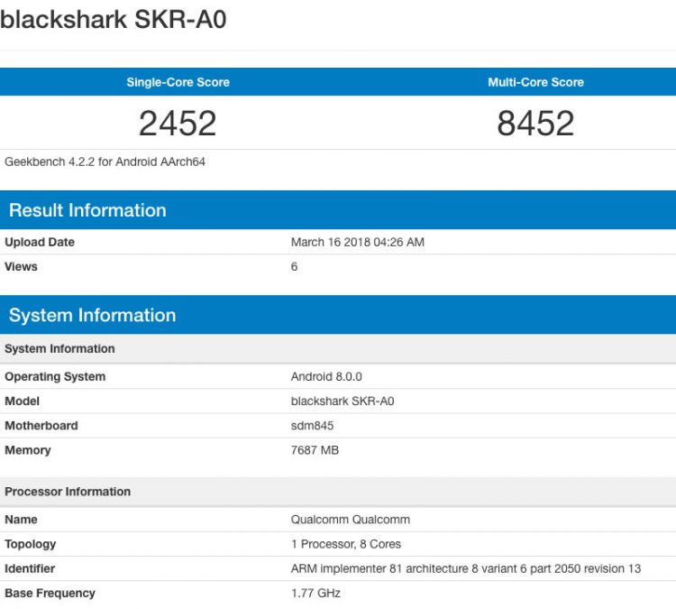 Blackshark เกมมิ่งโฟนจาก Xiaomi ได้รับการทดสอบแล้วบนแอพ Geekbench ใช้ชิป Snapdragon 845 แรม 8GB