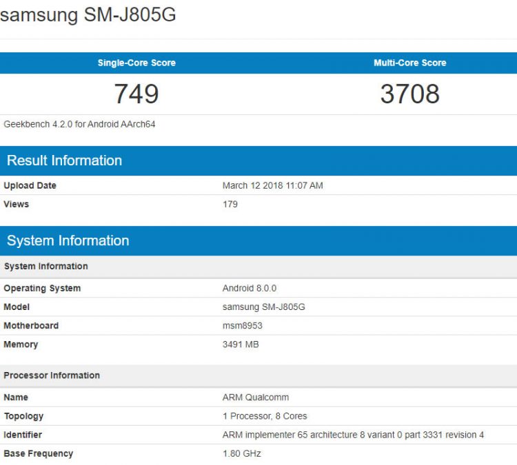 Samsung Galaxy J8 Plus อาจใช้ชิป Snapdragon 625 แรม 4GB อ้างอิงจากแอพ Geekbench