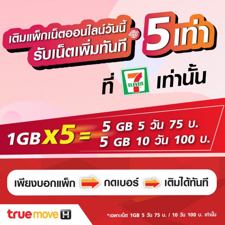 โปรพิเศษ! เติมแพ็กเน็ตออนไลน์ 1GB กับพนักงาน 7-Eleven ได้เน็ตเพิ่ม 5 เท่า