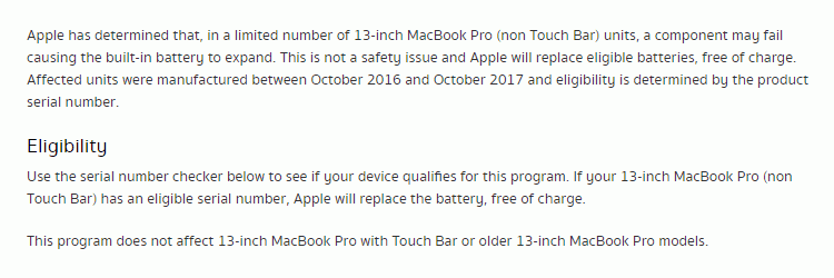 Apple ออกโปรแกรมเปลี่ยนแบตเตอรี่ให้กับ MacBook Pro ฟรี!! เฉพาะรุ่น 13 นิ้ว ที่ไม่มี Touch Bar