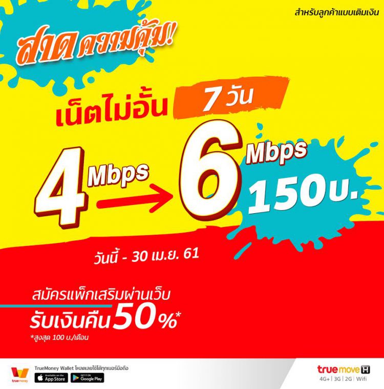 สงกรานต์ … สาดความคุ้ม ซื้อแพ็กเกจเสริม ทรูมูฟ เอช อัพสปีดเพิ่มจาก 4Mbps > 6Mbps และ 6Mbps > 10Mbps