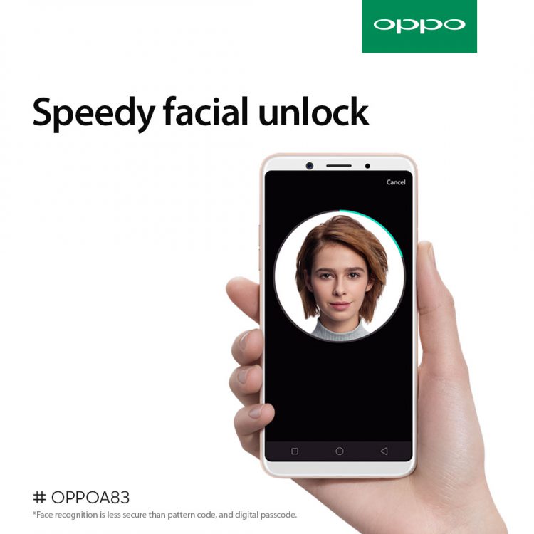 OPPO A83 (2018) Ram 4GB + Rom 64GB จอ Full Screen  5.7 นิ้ว กล้องหน้า 8 ล้านพิกเซล กล้องหลัง 13 ล้านพิกเซล และโหมดผู้ช่วยเซลฟี่ AI Beauty หั่นราคาเหลือ 7,490 บาท