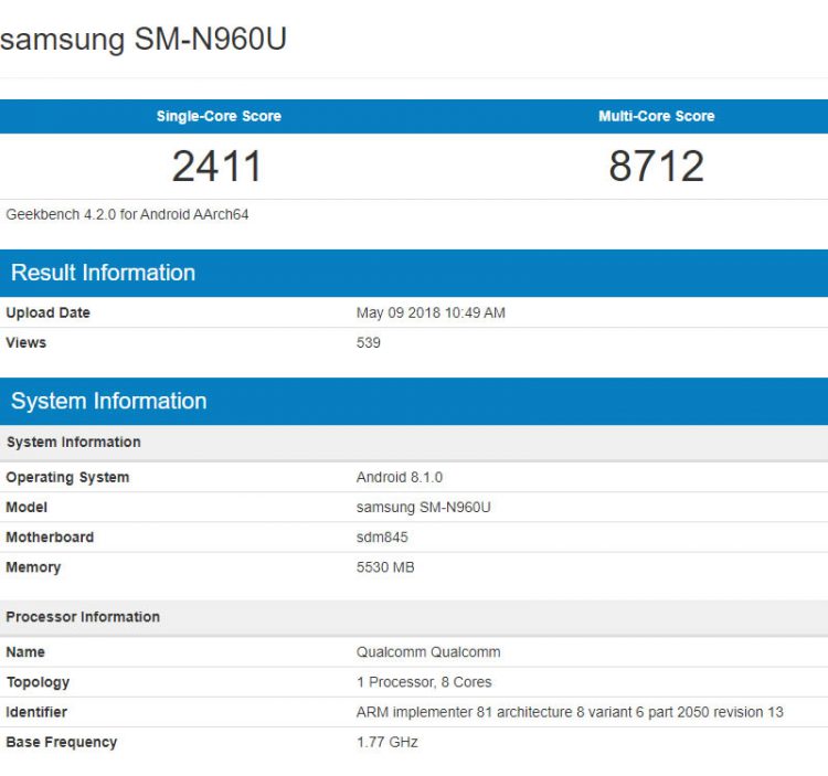 Samsung Galaxy Note 9 ได้รับการทดสอบประสิทธิภาพแล้ว ผ่านแอพพลิเคชั่น Geekbench