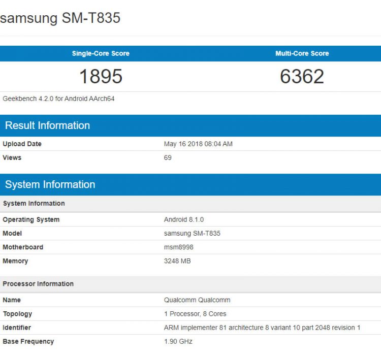 เผยสเปก Samsung Galaxy Tab S4 จากแอพพลิเคชั่น Geekbench ใช้ชิป Snapdragon 835