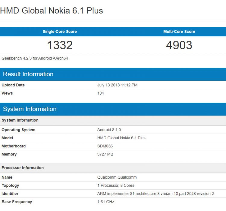 Nokia 6.1 Plus โผล่ในแอพพลิเคชั่น Geekbench คาดว่าจะเปิดตัวในวันที่ 19 กรกฎาคมนี้