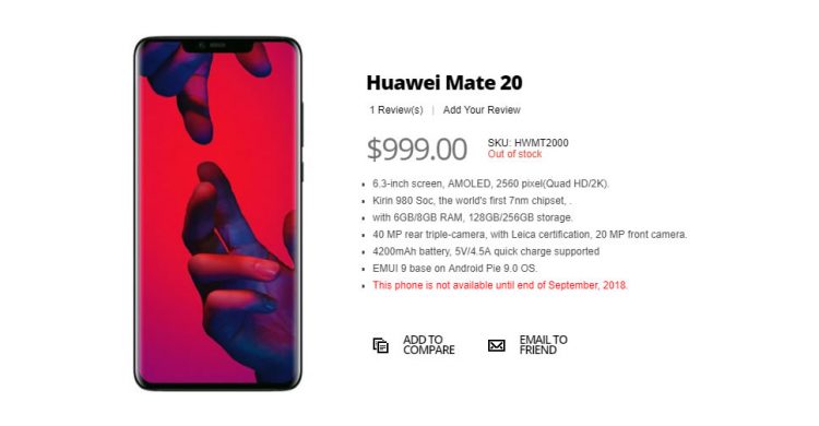 เผยสเปกภาพเรนเดอร์ของ Huawei Mate 20 พร้อมราคาและกำหนดการวางจำหน่าย