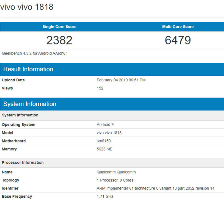 Vivo V15 Pro ได้รับการทดสอบแล้วจากแอพ Geekbench มากับชิปประมวลผล Snapdragon 675