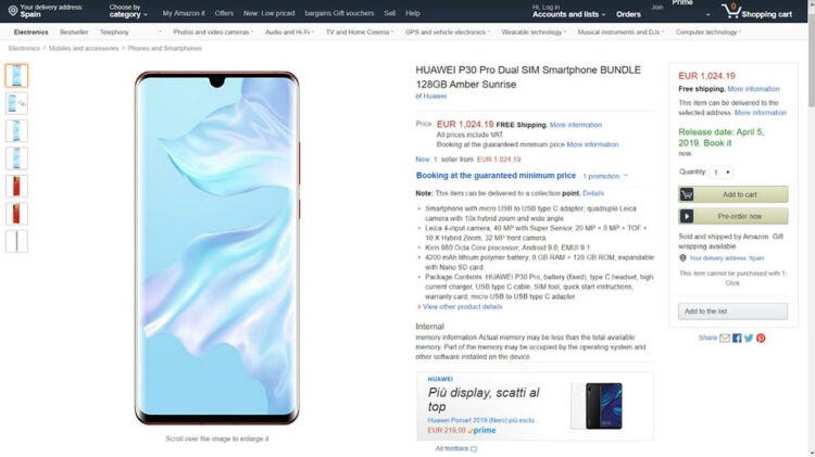 Amazon เปิดเผยราคา Huawei P30 Pro ออกมาโดยไม่ได้ตั้งใจ พร้อมสเปกและกำหนดการวางจำหน่าย