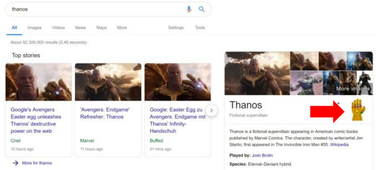 ลองหรือยัง!! ค้นหาคำว่า Thanos ใน Google ได้ทั้งบนมือถือและคอมพิวเตอร์ จะคลิกที่ถุงมือ Infinity Gauntlet ผลค้นหาจะสลายไป