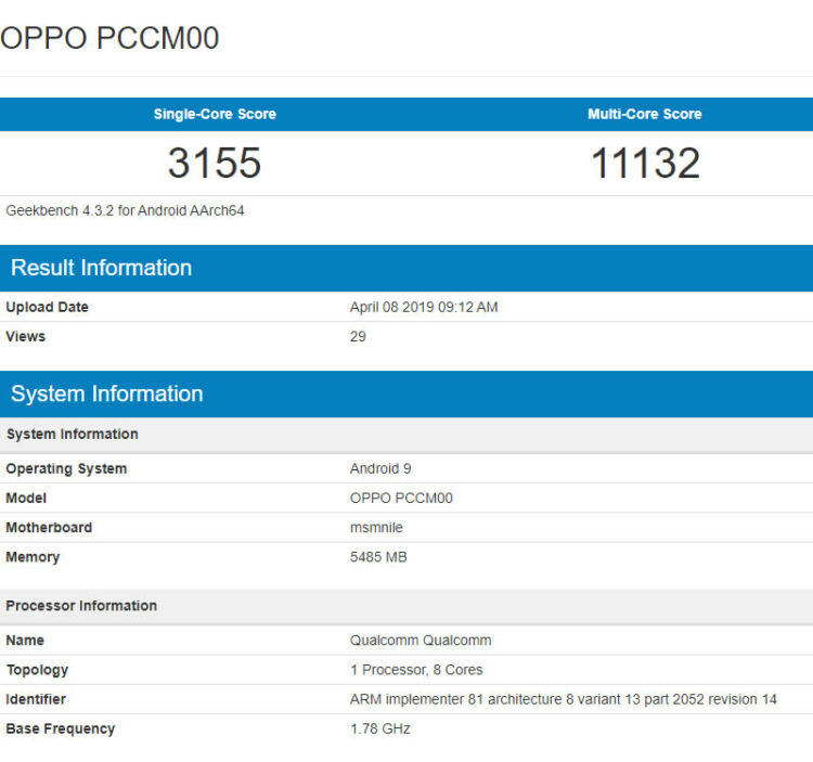 OPPO Reno เวอร์ชั่น 10x Zoom Edition ได้รับการทดสอบบน Geekbench ยืนยันมาพร้อม Android 9 ใช้ชิป Snapdragon 855 แรม 6GB