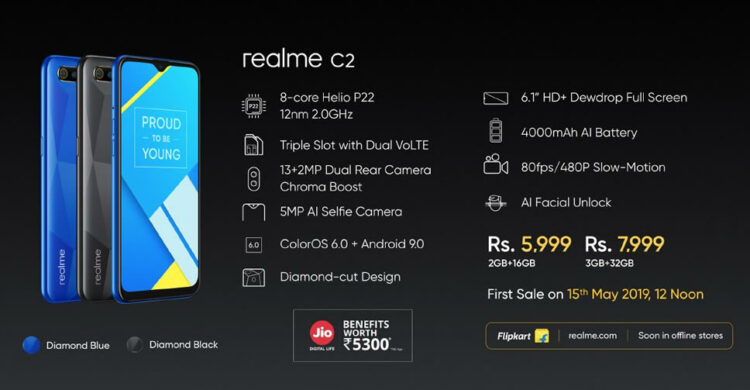 Realme C2 เปิดตัวแล้ว!! ใช้ชิป Helio P22 จอหยดน้ำ 6.1 นิ้ว กล้องคู่หลัง 13+2MP แบตเตอรี่ 4000mAh เริ่มต้นราว 2,999 บาท
