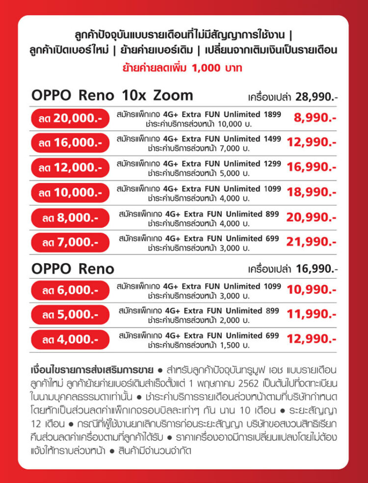 รวมโปรโมชั่น OPPO Reno 10x Zoom จาก AIS และ TrueMove H เริ่มต้น 8,990 สำหรับผู้ที่สั่งจองก่อนวันที่ 13 มิถุนายนนี้