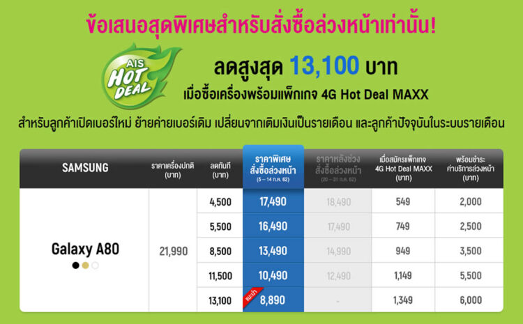รวมโปรโมชั่น Samsung Galaxy A80 จาก AIS, dtac และ Truemove H ลดสูงสุด 13,100 บาท เริ่มต้นเพียง 8,890 บาท รายละเอียดทั้งหมดที่นี่