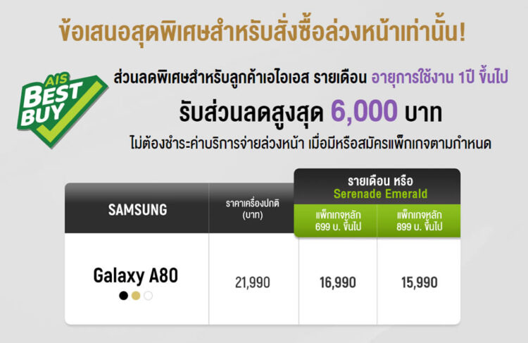 รวมโปรโมชั่น Samsung Galaxy A80 จาก AIS, dtac และ Truemove H ลดสูงสุด 13,100 บาท เริ่มต้นเพียง 8,890 บาท รายละเอียดทั้งหมดที่นี่