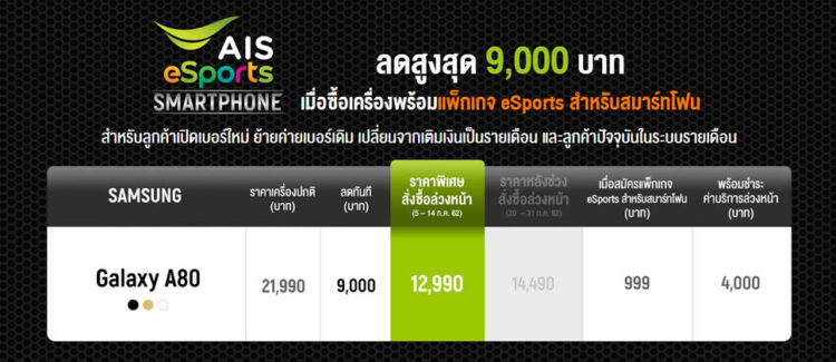 รวมโปรโมชั่น Samsung Galaxy A80 จาก AIS, dtac และ Truemove H ลดสูงสุด 13,100 บาท เริ่มต้นเพียง 8,890 บาท รายละเอียดทั้งหมดที่นี่
