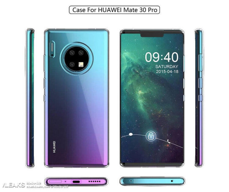 ภาพหลุด Huawei Mate 30 Pro เผยให้เห็นดีไซน์กล้องหลัง 3 ตัว วางอยู่ในกรอบวงกลม จอแสดงผลขอบโค้ง แต่ยังมีรอยบาก