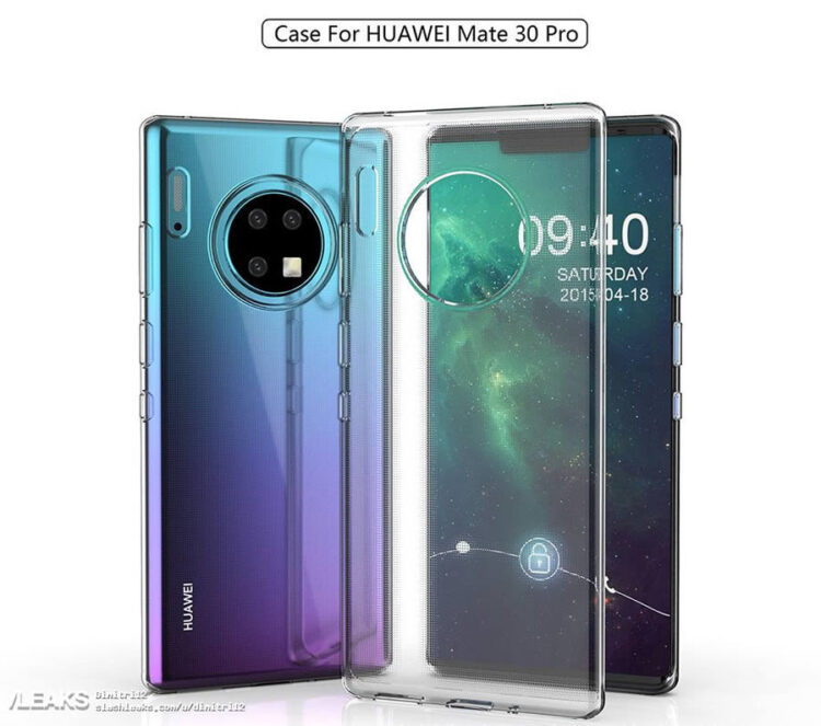 ภาพหลุด Huawei Mate 30 Pro เผยให้เห็นดีไซน์กล้องหลัง 3 ตัว วางอยู่ในกรอบวงกลม จอแสดงผลขอบโค้ง แต่ยังมีรอยบาก