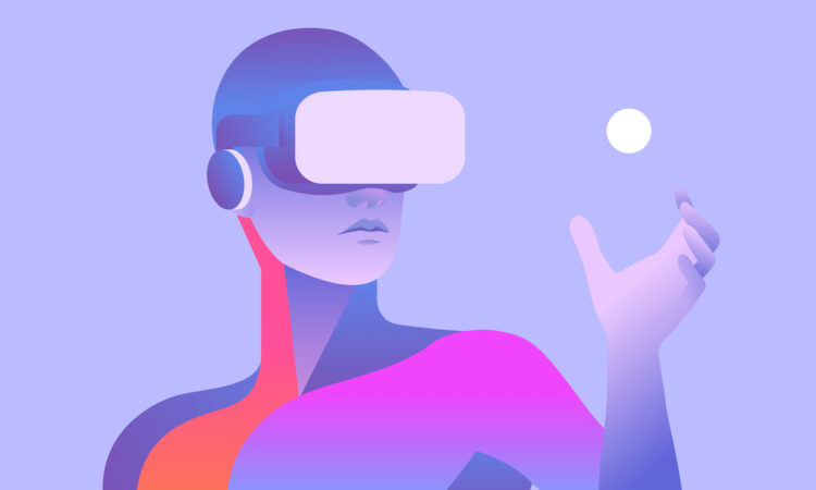 Man wearing virtual reality headset and looking at abstract sphere. Colorful vr world. Vector illustration