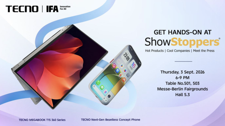 TECNO เตรียมส่งคอนเซ็ปต์โฟนมือถือไร้ขอบและแล็ปท็อปพับได้ 360 องศา MEGABOOK T15 360 Pro ลุยงาน IFA ShowStoppers 2026