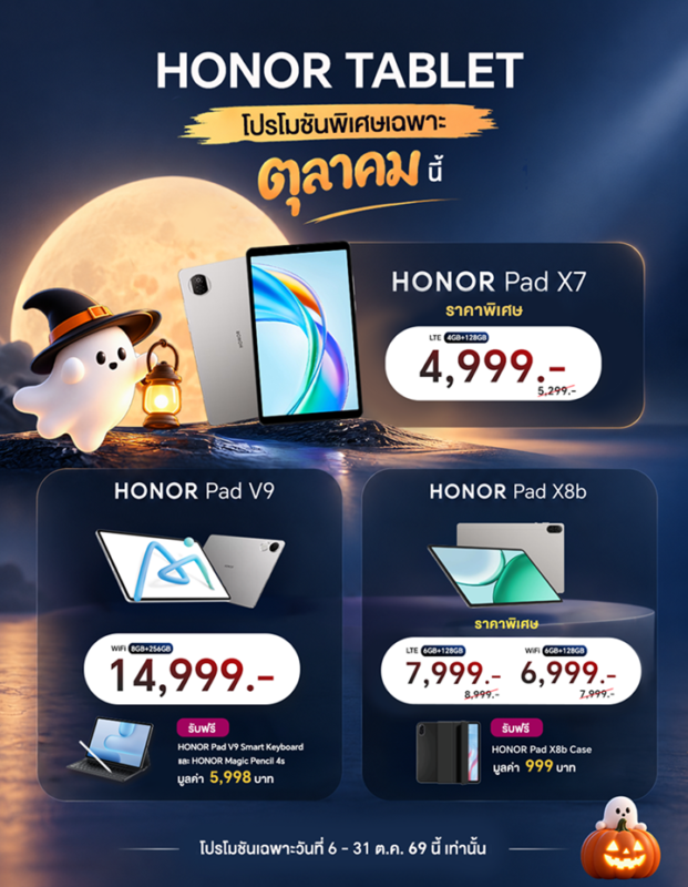 โปรโมชันพิเศษ HONOR Pad V9, HONOR Pad X8b และ HONOR Pad X7 มอบส่วนลดและของสมนาคุณ สำหรับรุ่นที่ร่วมรายการ วันนี้ – 31 ต.ค.นี้